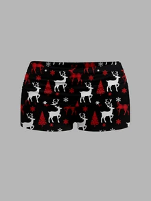 SHEIN EZwear Christmas Deer & Snowflake Pattern Lace Camisole And Shorts Set For Women, Suitable For Summer - Black - View 3