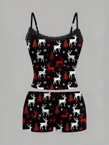 SHEIN EZwear Christmas Deer & Snowflake Pattern Lace Camisole And Shorts Set For Women, Suitable For Summer - Black - View 5