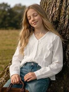 Joliand Joliand Tween Girl Blouses Spring Autumn Winter New Woven White Casual Sweet Lady Solid Color Lace Patchwork Ruffle Long Sleeve Shirt, Doll Style Shirt, Back To School Season, Fashion Versatile - White - View 12