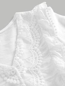 Joliand Joliand Tween Girl Blouses Spring Autumn Winter New Woven White Casual Sweet Lady Solid Color Lace Patchwork Ruffle Long Sleeve Shirt, Doll Style Shirt, Back To School Season, Fashion Versatile - White - View 6