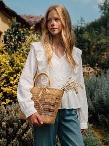 Joliand Joliand Tween Girl Blouses Spring Autumn Winter New Woven White Casual Sweet Lady Solid Color Lace Patchwork Ruffle Long Sleeve Shirt, Doll Style Shirt, Back To School Season, Fashion Versatile - White - View 3