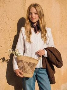 Joliand Joliand Tween Girl Blouses Spring Autumn Winter New Woven White Casual Sweet Lady Solid Color Lace Patchwork Ruffle Long Sleeve Shirt, Doll Style Shirt, Back To School Season, Fashion Versatile - White - View 2