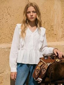 Joliand Joliand Tween Girl Blouses Spring Autumn Winter New Woven White Casual Sweet Lady Solid Color Lace Patchwork Ruffle Long Sleeve Shirt, Doll Style Shirt, Back To School Season, Fashion Versatile - White - View 10