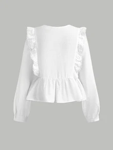Joliand Joliand Tween Girl Blouses Spring Autumn Winter New Woven White Casual Sweet Lady Solid Color Lace Patchwork Ruffle Long Sleeve Shirt, Doll Style Shirt, Back To School Season, Fashion Versatile - White - View 9