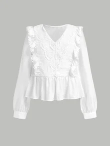 Joliand Joliand Tween Girl Blouses Spring Autumn Winter New Woven White Casual Sweet Lady Solid Color Lace Patchwork Ruffle Long Sleeve Shirt, Doll Style Shirt, Back To School Season, Fashion Versatile - White - View 4