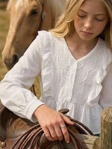Joliand Joliand Tween Girl Blouses Spring Autumn Winter New Woven White Casual Sweet Lady Solid Color Lace Patchwork Ruffle Long Sleeve Shirt, Doll Style Shirt, Back To School Season, Fashion Versatile - White - View 1