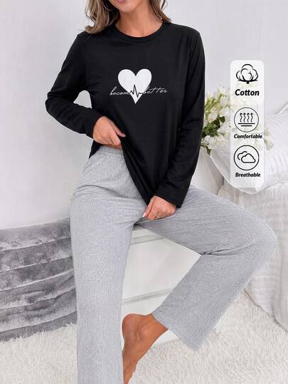 SHEIN Cotton Women Heart & Letter Print Casual 2 Pieces Women Home Clothing Set Sports Outfit Long Sleeve