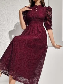 Modelyn Vestido vintage con panel de encaje, detalles de botones, cintura ceñida, vestido elegante para fiesta de noche - Burdeos - Ver 8