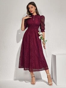 Modelyn Vestido vintage con panel de encaje, detalles de botones, cintura ceñida, vestido elegante para fiesta de noche - Burdeos - Ver 4