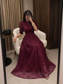 Modelyn Vestido vintage con panel de encaje, detalles de botones, cintura ceñida, vestido elegante para fiesta de noche - Burdeos - Ver 11