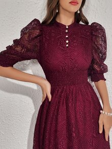 Modelyn Vestido vintage con panel de encaje, detalles de botones, cintura ceñida, vestido elegante para fiesta de noche - Burdeos - Ver 9