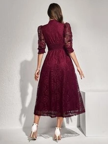 Modelyn Vestido vintage con panel de encaje, detalles de botones, cintura ceñida, vestido elegante para fiesta de noche - Burdeos - Ver 2
