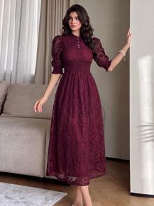 Modelyn Vestido vintage con panel de encaje, detalles de botones, cintura ceñida, vestido elegante para fiesta de noche - Burdeos - Ver 12