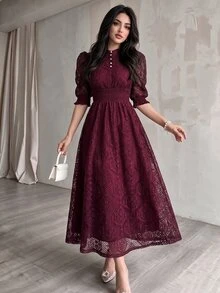 Modelyn Vestido vintage con panel de encaje, detalles de botones, cintura ceñida, vestido elegante para fiesta de noche - Burdeos - Ver 1