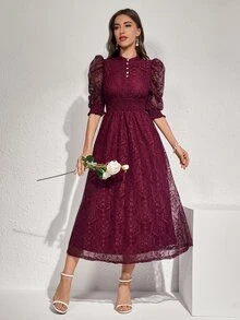 Modelyn Vestido vintage con panel de encaje, detalles de botones, cintura ceñida, vestido elegante para fiesta de noche - Burdeos - Ver 6