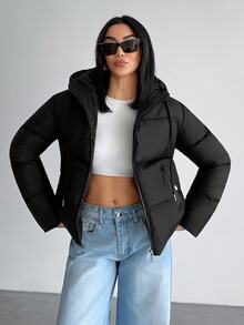 SHEIN Petite Size Women Solid Black Hooded Drawstring Casual Puffer Wntercoat Everyday Travel Club Going Out Winter - Black - View 4