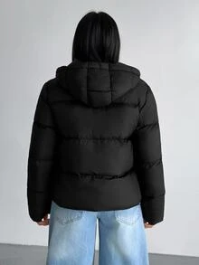 SHEIN Petite Size Women Solid Black Hooded Drawstring Casual Puffer Wntercoat Everyday Travel Club Going Out Winter - Black - View 2