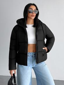 SHEIN Petite Size Women Solid Black Hooded Drawstring Casual Puffer Wntercoat Everyday Travel Club Going Out Winter - Black - View 7