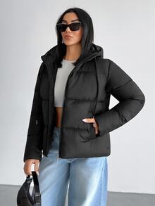 SHEIN Petite Size Women Solid Black Hooded Drawstring Casual Puffer Wntercoat Everyday Travel Club Going Out Winter - Black - View 10