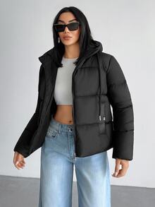 SHEIN Petite Size Women Solid Black Hooded Drawstring Casual Puffer Wntercoat Everyday Travel Club Going Out Winter - Black - View 3