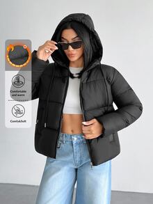 SHEIN Petite Size Women Solid Black Hooded Drawstring Casual Puffer Wntercoat Everyday Travel Club Going Out Winter - Black - View 1