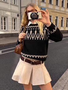 Muchica Navy Blue Fair Isle Yoke Knit Sweater With All-Over Nordic Pattern Detail, Cropped 50cm Fit, Soft Stretch Fabric, Minimal Logo-Free Design, Scandinavian Y2K Winter Pullover - Black - View 4