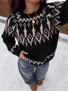 Muchica Navy Blue Fair Isle Yoke Knit Sweater With All-Over Nordic Pattern Detail, Cropped 50cm Fit, Soft Stretch Fabric, Minimal Logo-Free Design, Scandinavian Y2K Winter Pullover - Black - View 8