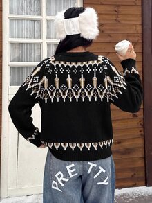 Muchica Navy Blue Fair Isle Yoke Knit Sweater With All-Over Nordic Pattern Detail, Cropped 50cm Fit, Soft Stretch Fabric, Minimal Logo-Free Design, Scandinavian Y2K Winter Pullover - Black - View 5