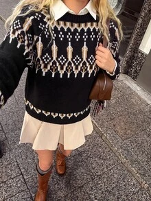 Muchica Navy Blue Fair Isle Yoke Knit Sweater With All-Over Nordic Pattern Detail, Cropped 50cm Fit, Soft Stretch Fabric, Minimal Logo-Free Design, Scandinavian Y2K Winter Pullover - Black - View 10