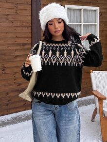 Muchica Navy Blue Fair Isle Yoke Knit Sweater With All-Over Nordic Pattern Detail, Cropped 50cm Fit, Soft Stretch Fabric, Minimal Logo-Free Design, Scandinavian Y2K Winter Pullover - Black - View 7