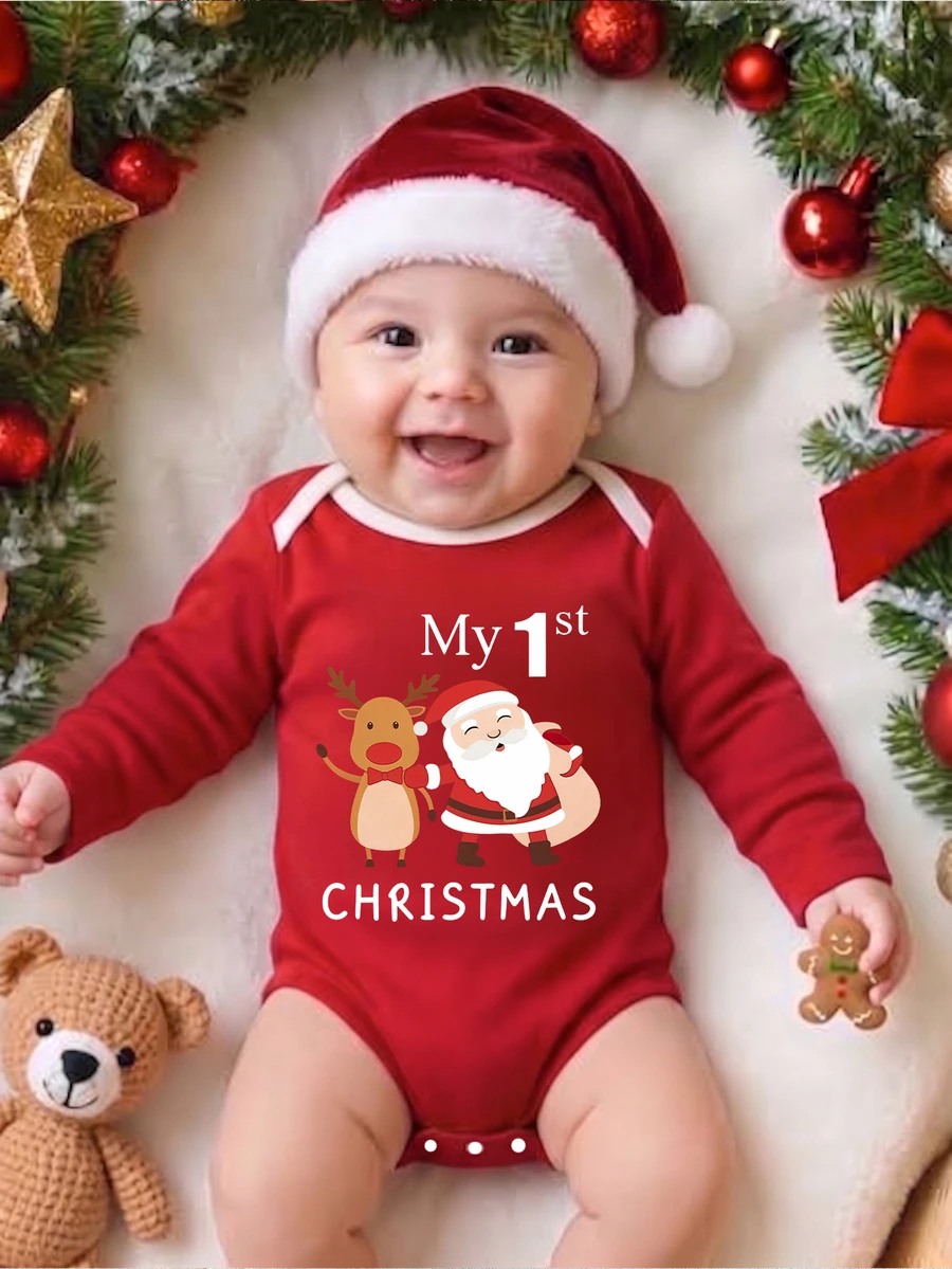男嬰 My 1st Christmas 連身衣,嬰兒長袖紅色連身衣,可愛卡通聖誕老人馴鹿圖案聖誕連身衣服飾 - 彩色 - 查看 1
