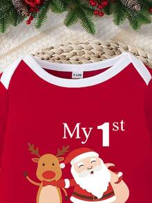 男嬰 My 1st Christmas 連身衣，嬰兒長袖紅色連身衣，可愛卡通聖誕老人馴鹿圖案聖誕連身衣服飾 - 彩色 - 查看 5