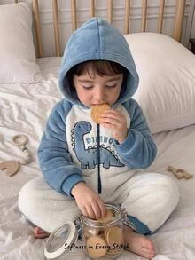 Cozy Pixies 兒童小男孩休閒日常舒適拼接色恐龍圖案刺繡連帽長袖冬季連身衣居家服秋季 - 藍色 - 查看 1