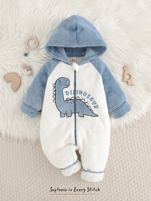 Cozy Pixies 兒童小男孩休閒日常舒適拼接色恐龍圖案刺繡連帽長袖冬季連身衣居家服秋季 - 藍色 - 查看 4