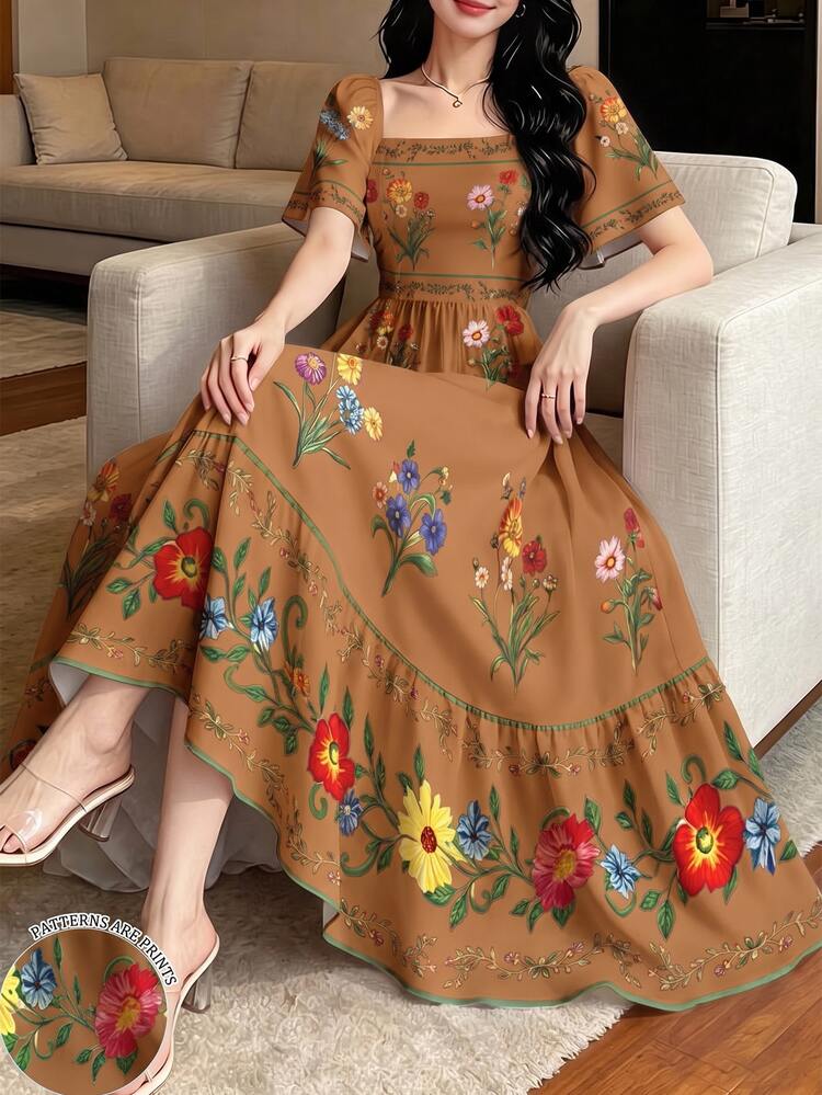 Modelyn Floral Plant Print Fashion Square Neck Large Flutter Sleeve Design Cap Sleeve Dress, Summer Waist-Cinching Midi Dress, Floral Pattern Brown Long Dress - Multicolor - View 1