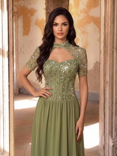 Aureia Elegant Romantic Sexy Olive Green Sequin Patchwork Chiffon Stand Collar Hollow Out A-Line Floor Length Formal Night Evening Gown Fall Women's Dress