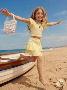Joliand Young Girl Young Girl Summer Casual Hollow Embroidery Patchwork T-Shirt - Yellow - View 3