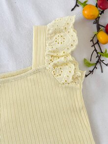 Joliand Young Girl Young Girl Summer Casual Hollow Embroidery Patchwork T-Shirt - Yellow - View 4