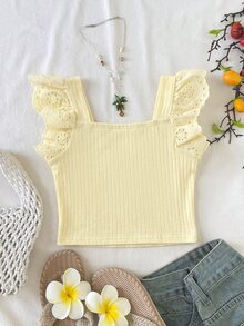 Joliand Young Girl Young Girl Summer Casual Hollow Embroidery Patchwork T-Shirt - Yellow - View 8