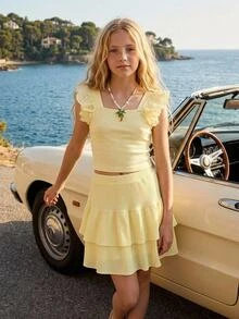 Joliand Young Girl Young Girl Summer Casual Hollow Embroidery Patchwork T-Shirt - Yellow - View 1
