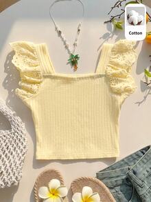 Joliand Young Girl Young Girl Summer Casual Hollow Embroidery Patchwork T-Shirt - Yellow - View 5