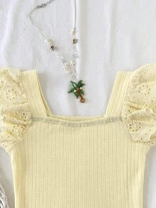 Joliand Young Girl Young Girl Summer Casual Hollow Embroidery Patchwork T-Shirt - Yellow - View 9