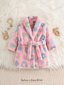 Cozy Pixies 女嬰休閒舒適花卉圖案毛絨長袖家居睡衣 - 粉色 - 查看 3