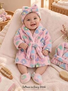 Cozy Pixies 女嬰休閒舒適花卉圖案毛絨長袖家居睡衣 - 粉色 - 查看 1