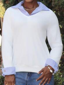 Steph T Women's Striped Patchwork Shirt Collar Long Sleeve Blouse - White - View 5