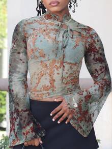 Steph T Vintage Mesh Flocked Sheer Neck Cutout Flare Sleeve Women Top - Dark Green - View 4