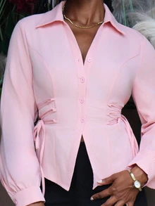 Steph T Women's Elegant Commuter Solid Color Lantern Sleeve Cross Tie Waist Blouse,Pink Top - Pink - View 4