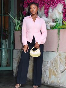 Steph T Women's Elegant Commuter Solid Color Lantern Sleeve Cross Tie Waist Blouse,Pink Top - Pink - View 3