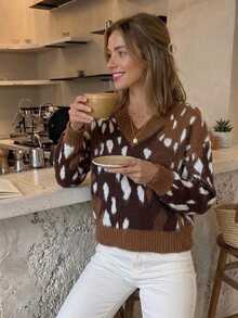 Serisse Women's Animal Print V-Neck Drop Shoulder Long Sleeve Casual Sweater - Brown - View 3