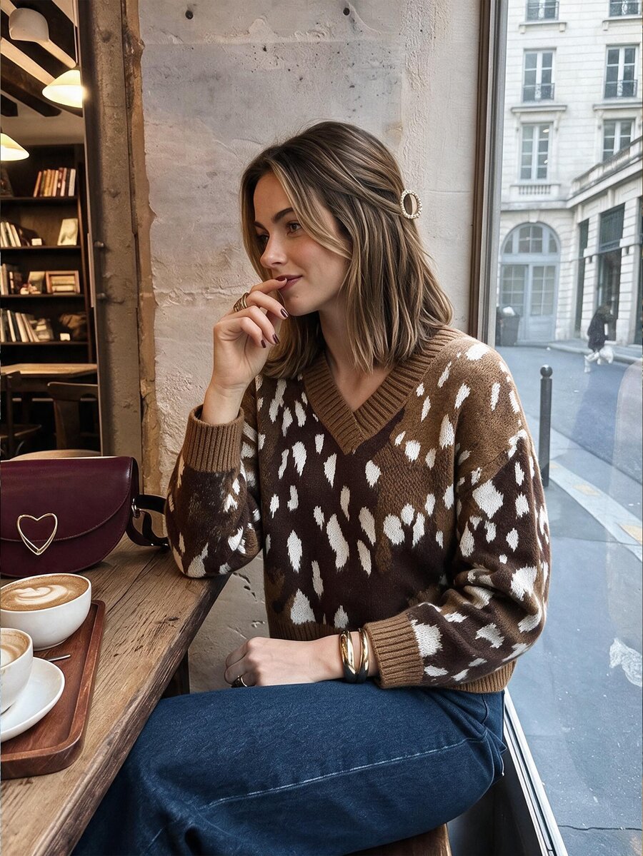 Serisse Women's Animal Print V-Neck Drop Shoulder Long Sleeve Casual Sweater - Brown - View 1